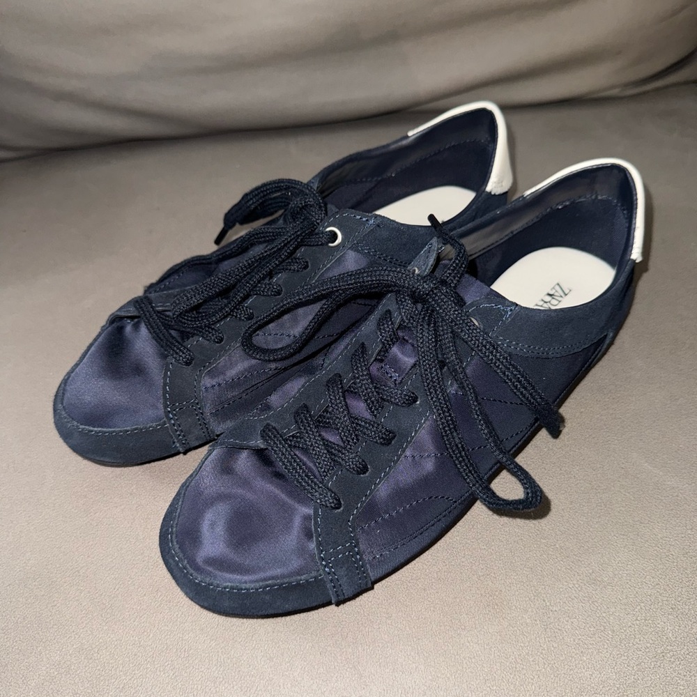 Zara Navy Satin and Suede Lace-Up Sneakers